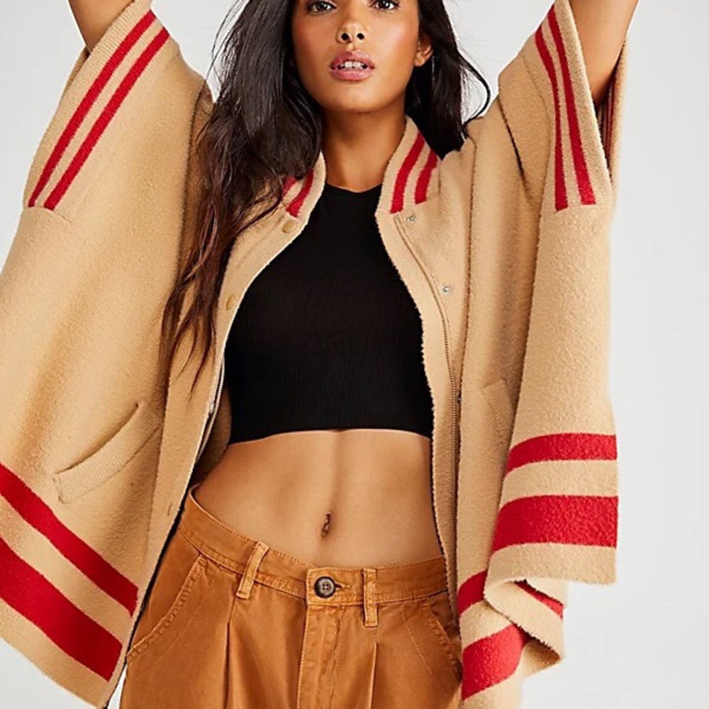 Free People Pep Rally Stripe Oversized Poncho O/S Brown/Red Z504-1
